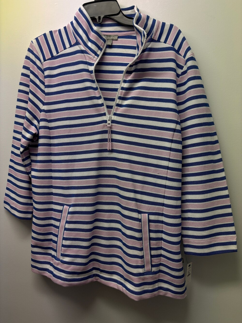 T by Talbots Large Pink Blue White Striped Quarter Zip Pullover
